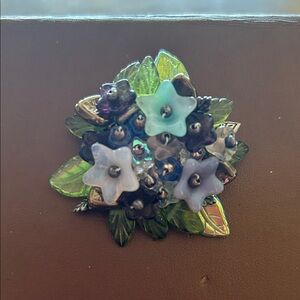Vintage-Inspired Glass Flower Brooch in Blue and Green